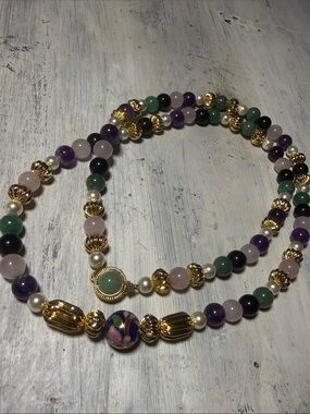 Handcrafted Multicolor Semi-Precious Bead Necklace with Gold Accents